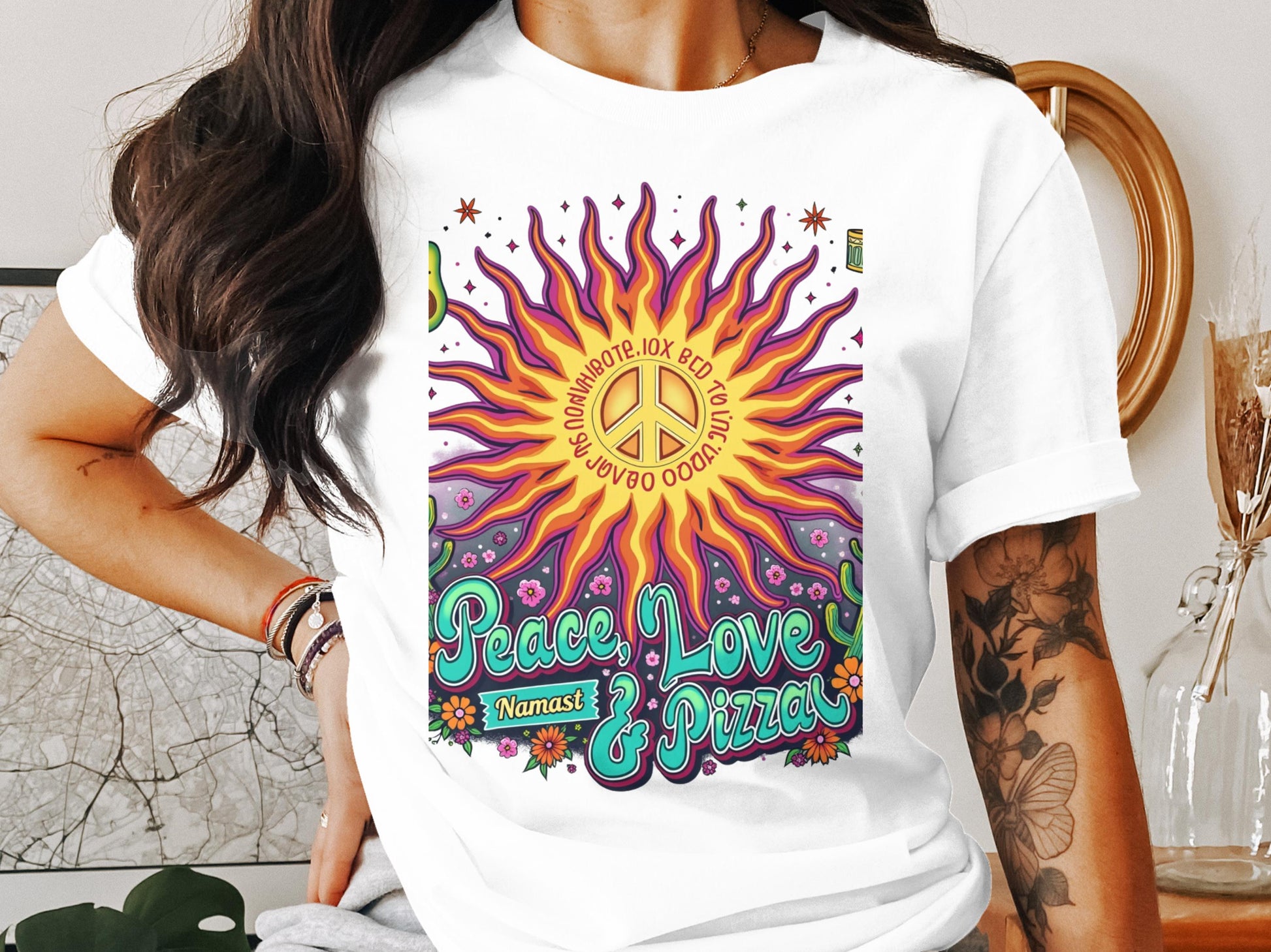 Vibrant Peace Love and Pizza Graphic T-Shirt product
