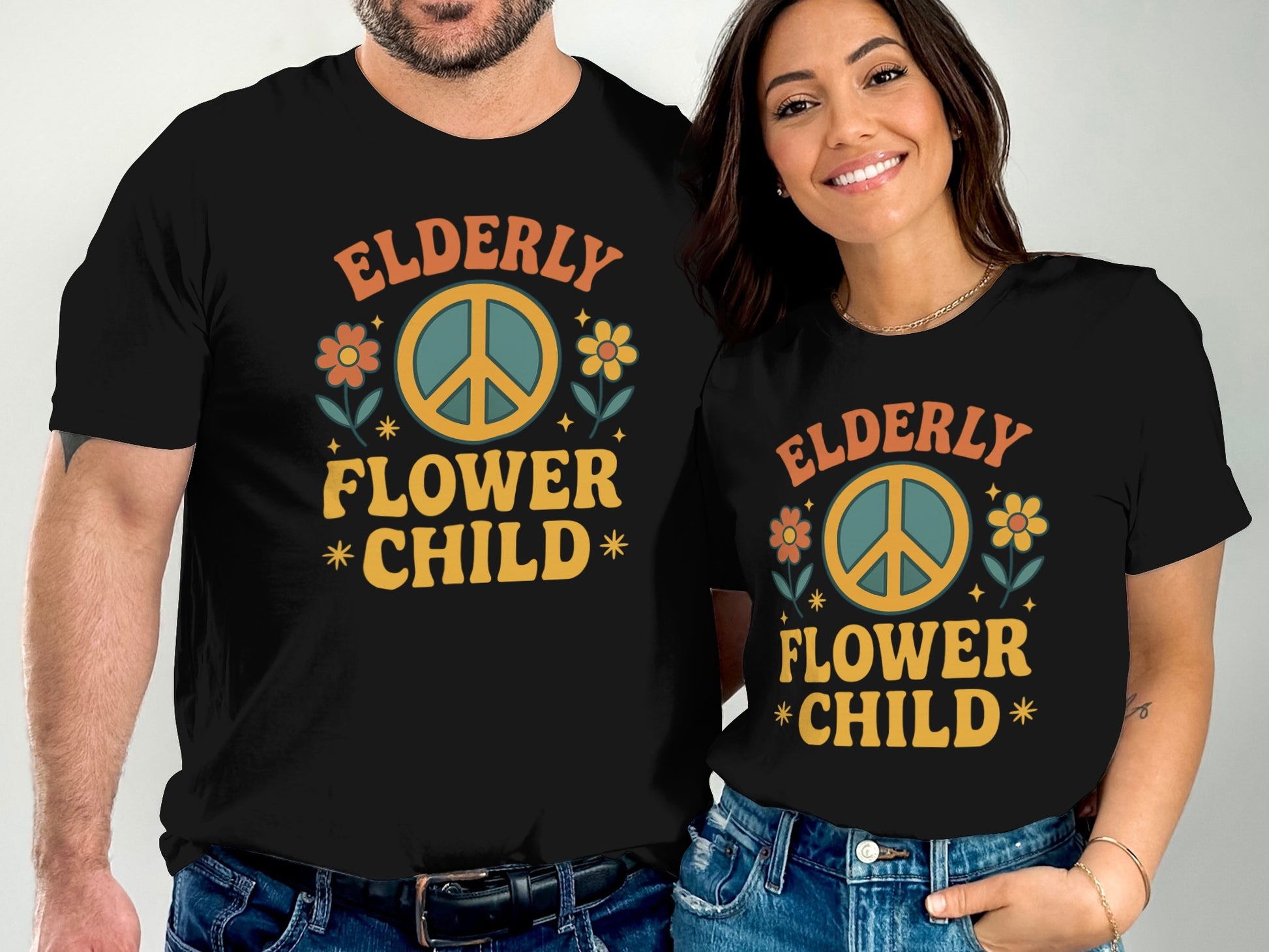 Elderly Flower Child Peace Sign Graphic Tee Shirt product