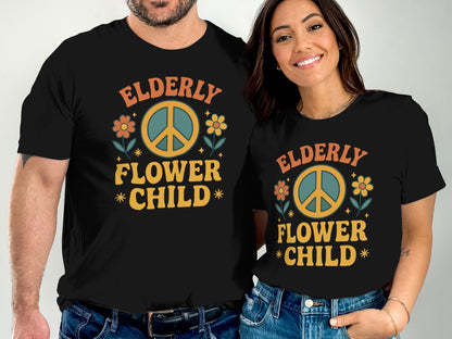 Elderly Flower Child Peace Sign Graphic Tee Shirt product