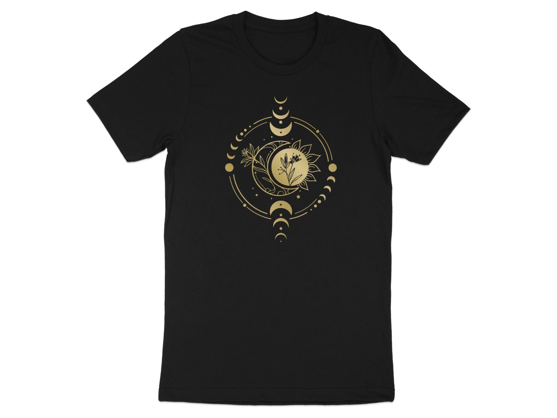 Artistic Moon Phases and Floral Black T-shirt product