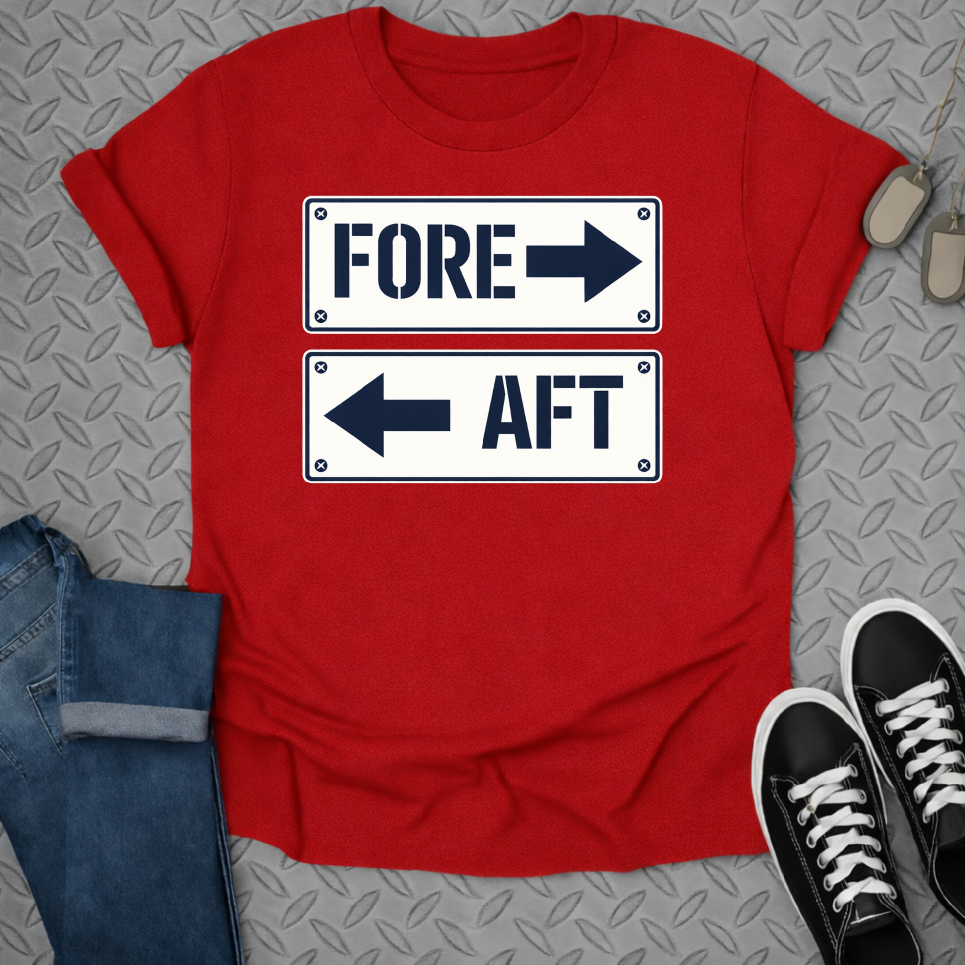Red T-Shirt with Fore and Aft Arrow Signs Design