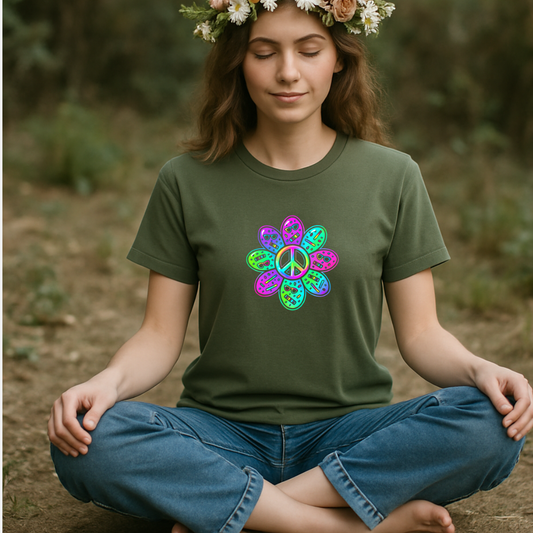 Vibrant Peace Flower Design Green T-shirt product