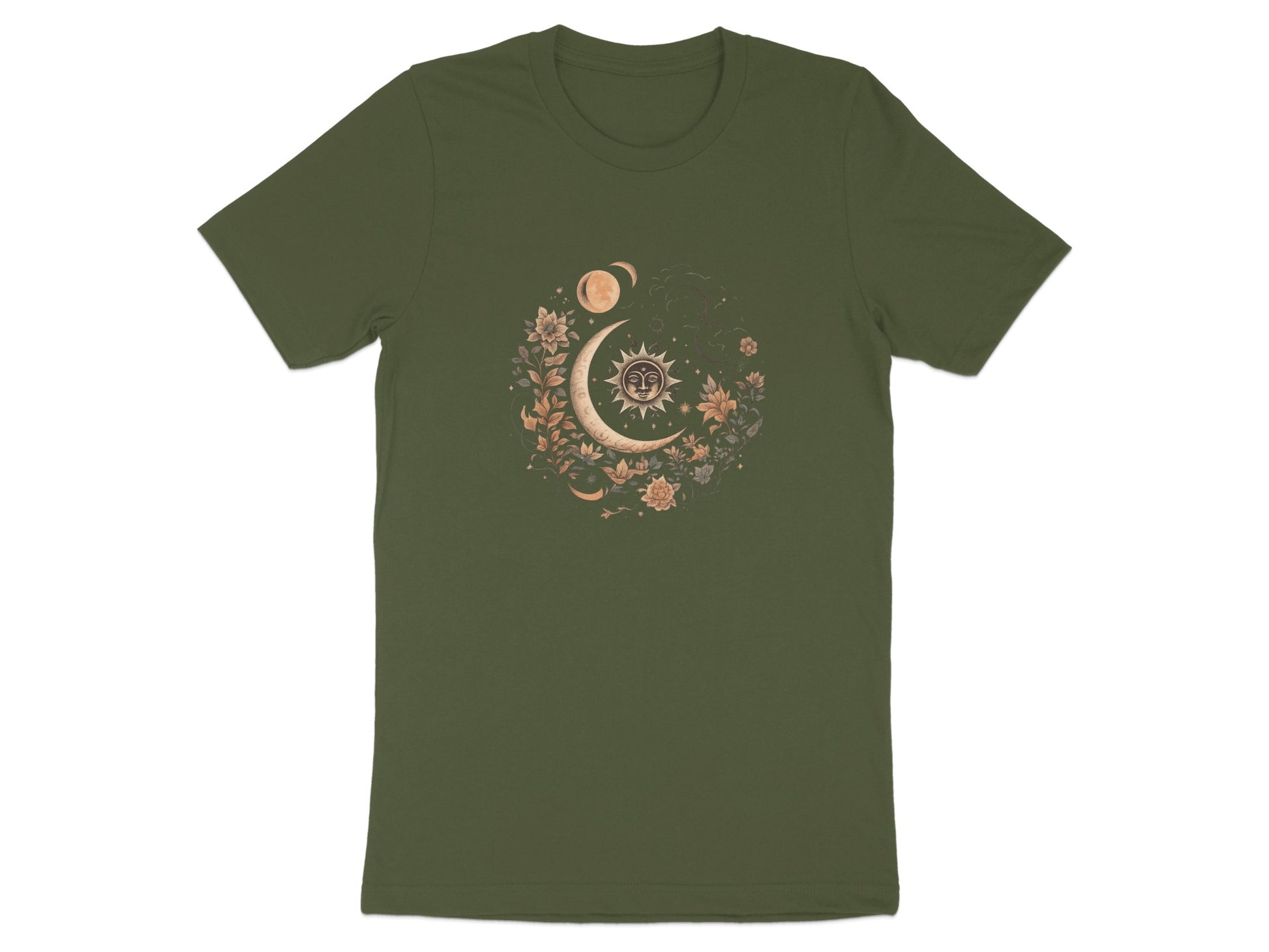 Celestial Sun and Moon Floral Design T-shirt