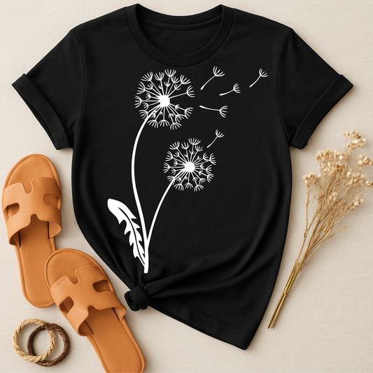 Black Tee Featuring Stylish Dandelion Print Design Top