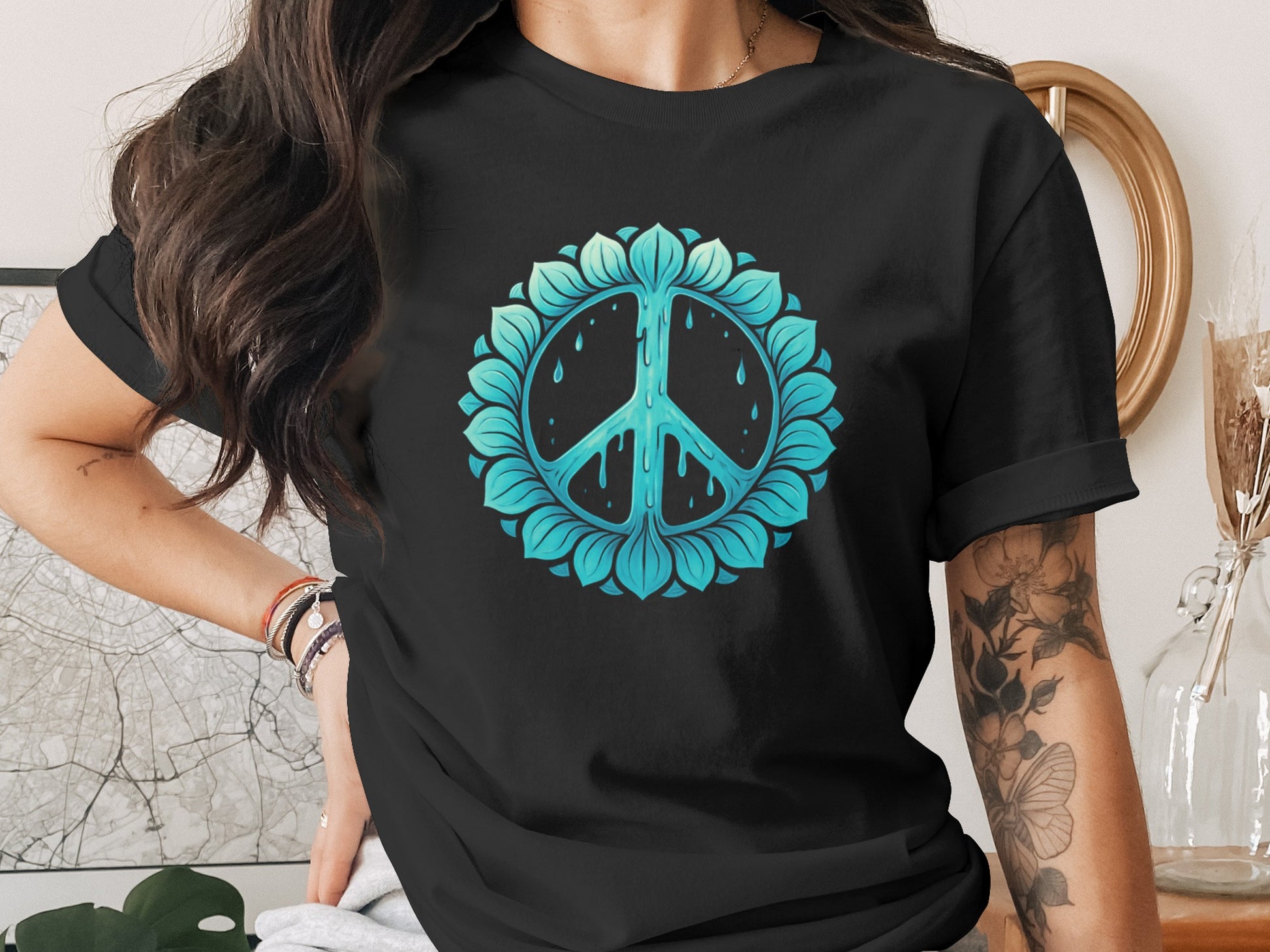 Peace Sign and Floral Design Black T-Shirt product type