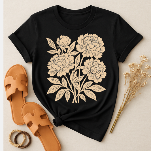 Floral Patterned Black T-Shirt with Peony Design