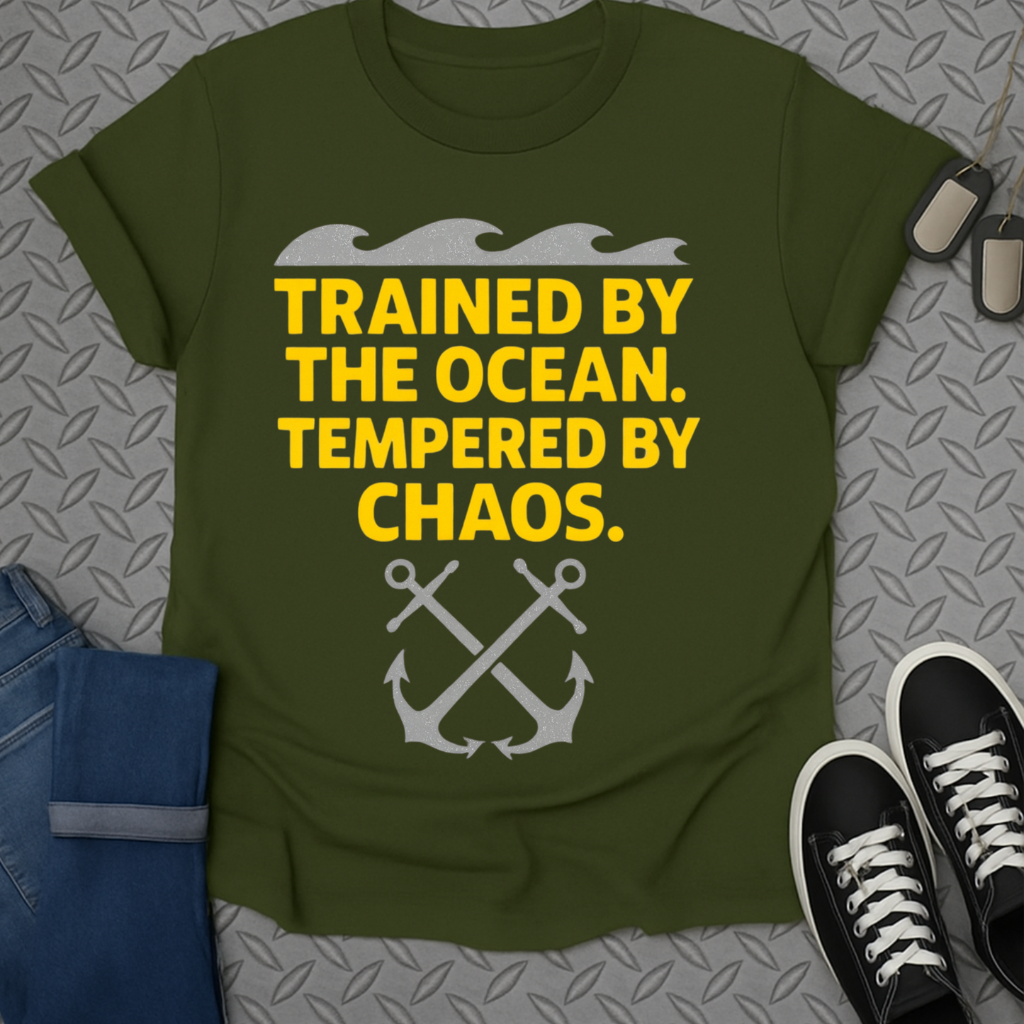 trained by the ocean tempered by chaos tshirt